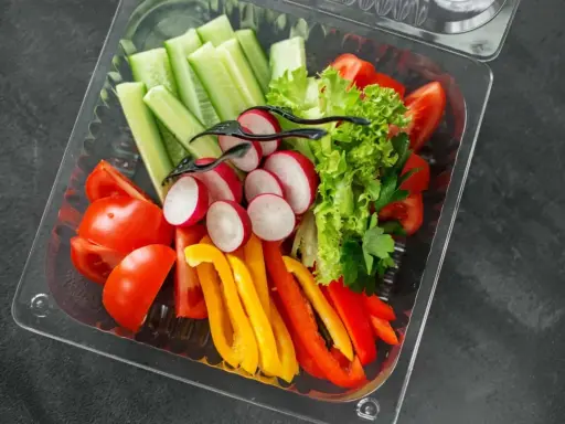 Świeże warzywa w pudełku – idealne na start, gdy zastanawiasz się, jak otworzyć catering dietetyczny. Pomidory, ogórki, rzodkiewki, papryka i sałata.