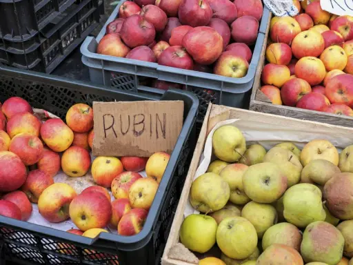 Jabłka Rubin i inne odmiany, idealne na szarlotkę, czekają w skrzynkach.