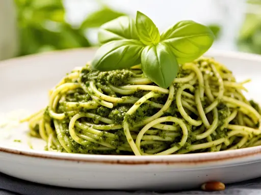 Porcja spaghetti z zielonym pesto, udekorowana listkami bazylii.