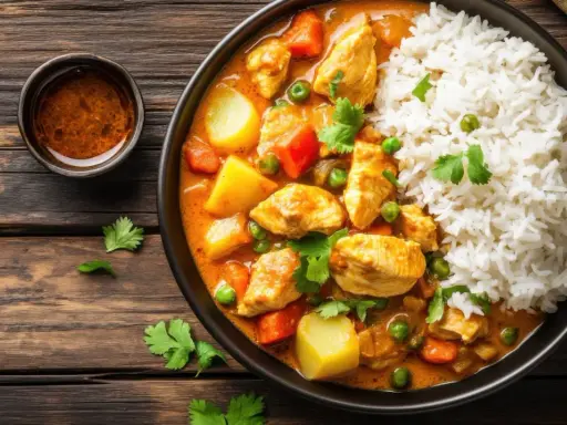 Pyszne curry z kurczakiem i warzywami, podane z ryżem. Idealne danie, gdy zastanawiasz się, co ugotować na bierzmowanie.