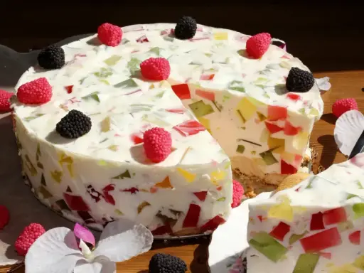Kolorowy śmietanowiec ze śmietany 18, ozdobiony malinami i jeżynami. Idealny przepis na letni deser.