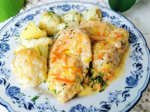 Filet z indyka w sosie z marchewką i ziemniakami, idealny pomysł na obiad.