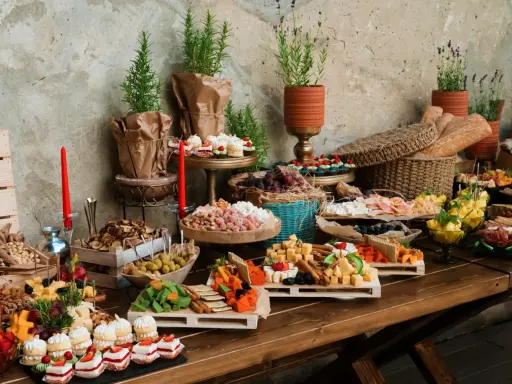 Bogaty stół z serami, owocami, ciastkami i pieczywem. Idealny na przyjęcie, zastanawiasz się, ile kosztuje catering na 15 osób?
