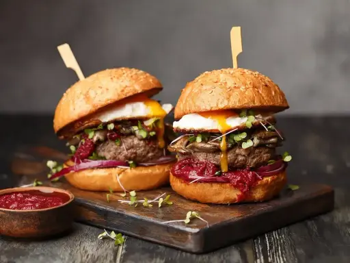 Dwa soczyste burgery z grilla, z jajkiem sadzonym i dodatkami, prezentują się apetycznie na desce.