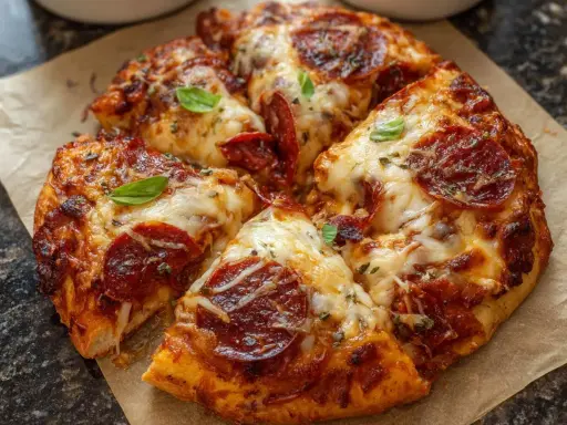 Chrupiąca pizza pepperoni z roztopionym serem i listkami bazylii na papierze do pieczenia.
