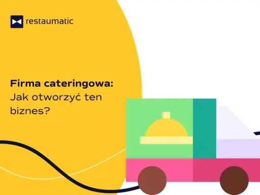 Firma cateringowa: Jak otworzyć ten biznes? Ilustracja przedstawia stylizowaną ciężarówkę z symbolem jedzenia, gotową do dostawy.