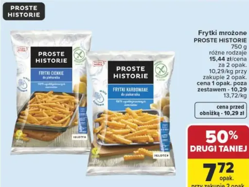 Dwie paczki mrożonych frytek Proste Historie: cienkich i karbowanych, gotowych do piekarnika.