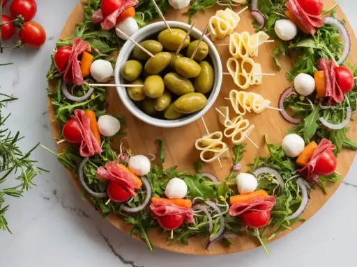 Kolorowe przekąski na urodziny: szaszłyki z pomidorkami, mozzarellą, salami i marchewką, oliwki i serowe zawijasy.