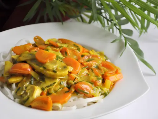 Zdrowy obiad: makaron ryżowy z warzywami w sosie curry. Kolorowe marchewki i inne warzywa tworzą apetyczną kompozycję.