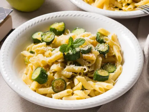 Pyszne danie z makaronem penne i kawałkami cukinii, posypane parmezanem i listkami mięty. Idealne co z cukinii na obiad!