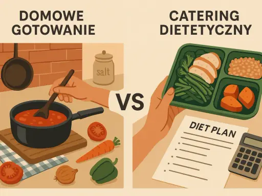 Domowe gotowanie kontra catering dietetyczny. Czy catering się opłaca? Obrazek porównuje przygotowywanie posiłków w domu z gotowym pudełkiem i planem diety.