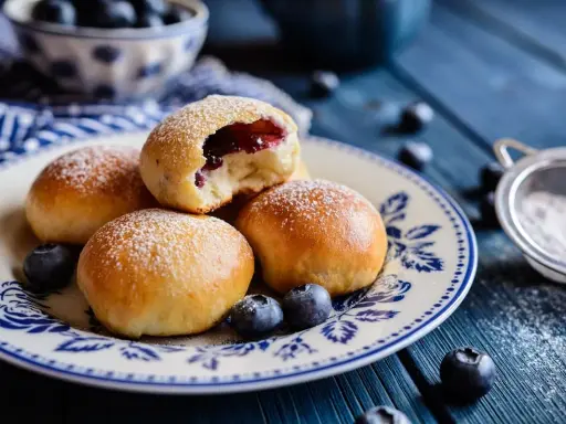 Jagodzianki posypane cukrem pudrem na talerzu z jagodami.