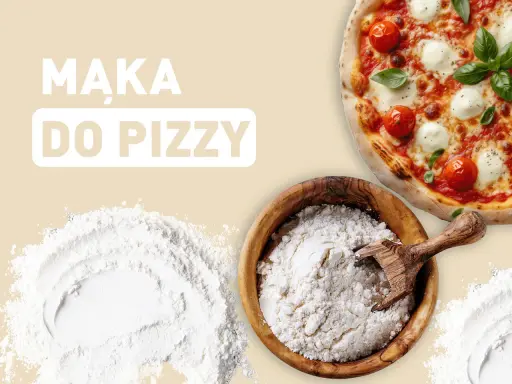 Mąka do pizzy w misce, obok gotowa pizza i rozsypana mąka.