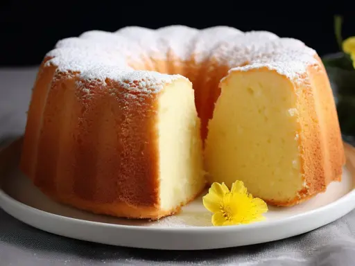 Wilgotna babka z majonezem, oprószona cukrem pudrem, z żółtym kwiatkiem na talerzu.