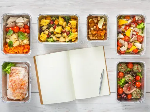Planujesz catering dietetyczny? Warto! Sześć pudełek z pysznym jedzeniem i notatnik do zapisania celów.