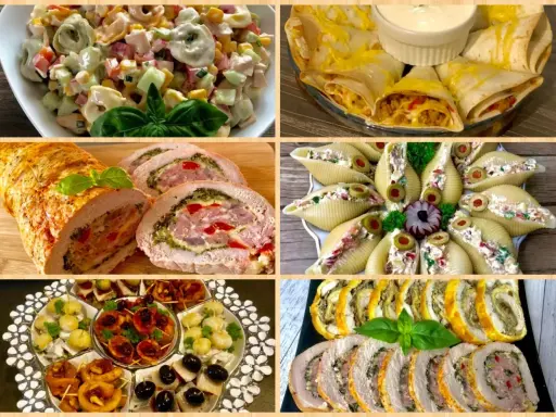 Pyszne menu na sylwestra w domu: sałatka z tortellini, roladki z tortilli, faszerowane muszle, pieczone mięso i przekąski.