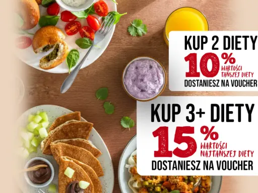 Pyszne posiłki i promocje na catering. Kup 2 diety i zyskaj 10%, kup 3+ i zyskaj 15% wartości najtańszej diety.
