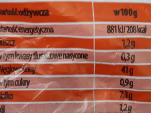 Tabela wartości odżywczych dla chleba baltonowskiego: 881 kJ/208 kcal, 1,2g tłuszczu, 41g węglowodanów, 7,3g białka.