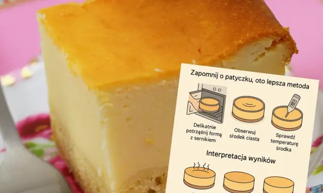 Pyszny sernik na talerzyku, obok instrukcja jak sprawdzić, ile wazy sernik i czy jest gotowy.
