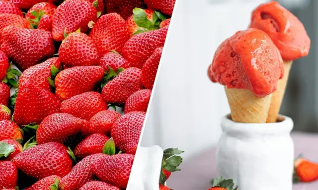 Jak zrobić sorbet truskawkowy z mrożonych truskawek? Na zdjęciu świeże truskawki i gotowy deser w wafelkach.