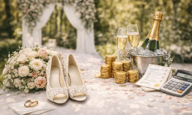 Ślubne buty, bukiet, obrączki, szampan i stosy monet. Zastanawiasz się, ile kosztuje catering na wesele? Kalkulator i lista zadań pomogą Ci to obliczyć.