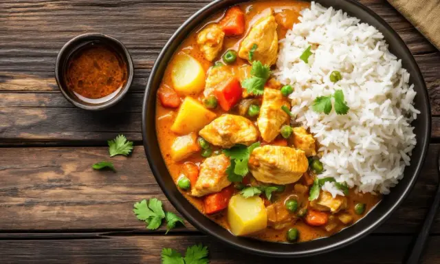 Pyszne curry z kurczakiem i warzywami, podane z ryżem. Idealne danie, gdy zastanawiasz się, co ugotować na bierzmowanie.