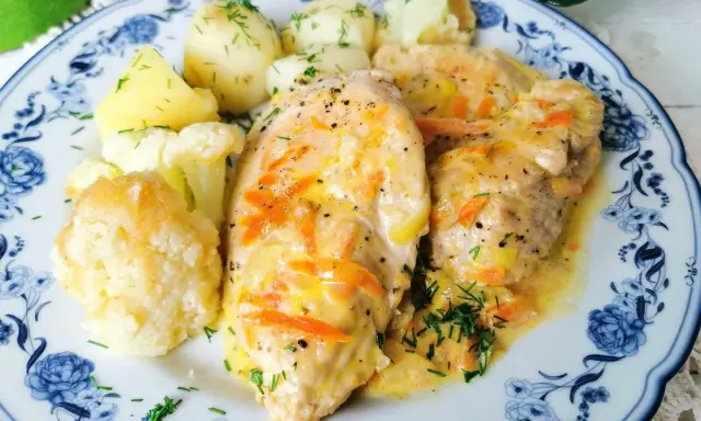 Filet z indyka w sosie z marchewką i ziemniakami, idealny pomysł na obiad.