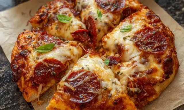 Chrupiąca pizza pepperoni z roztopionym serem i listkami bazylii na papierze do pieczenia.