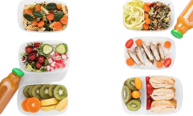 Zdrowe posiłki w pudełkach: makaron, sałatka, kurczak z ryżem, kanapki, owoce. Zastanawiasz się, ile kosztuje catering dietetyczny na miesiąc?