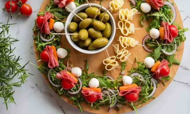 Kolorowe przekąski na urodziny: szaszłyki z pomidorkami, mozzarellą, salami i marchewką, oliwki i serowe zawijasy.