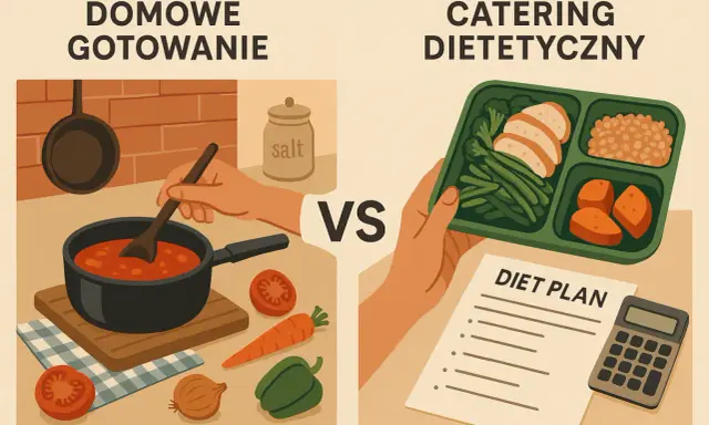 Domowe gotowanie kontra catering dietetyczny. Czy catering się opłaca? Obrazek porównuje przygotowywanie posiłków w domu z gotowym pudełkiem i planem diety.