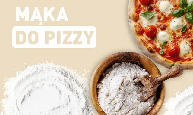 Mąka do pizzy w misce, obok gotowa pizza i rozsypana mąka.