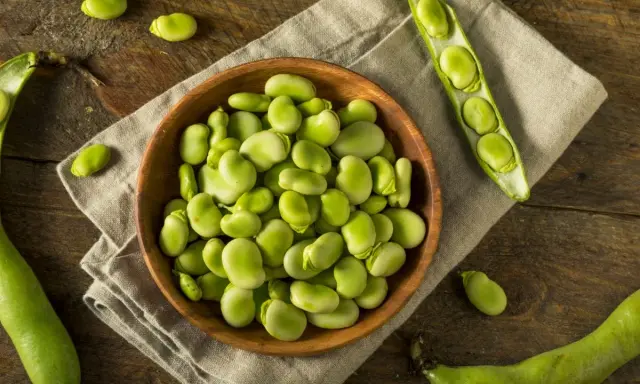 Miseczka pełna świeżych, zielonych fasolek fava, obok łuszczyn i pojedynczych ziaren na drewnianym blacie.