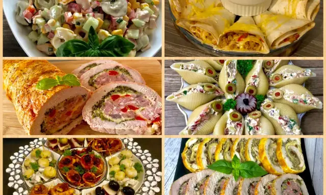Pyszne menu na sylwestra w domu: sałatka z tortellini, roladki z tortilli, faszerowane muszle, pieczone mięso i przekąski.