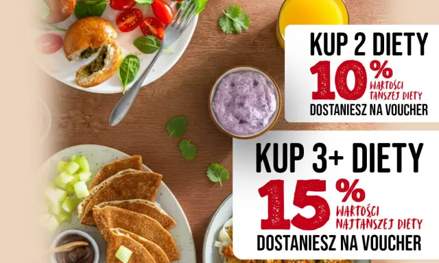 Pyszne posiłki i promocje na catering. Kup 2 diety i zyskaj 10%, kup 3+ i zyskaj 15% wartości najtańszej diety.
