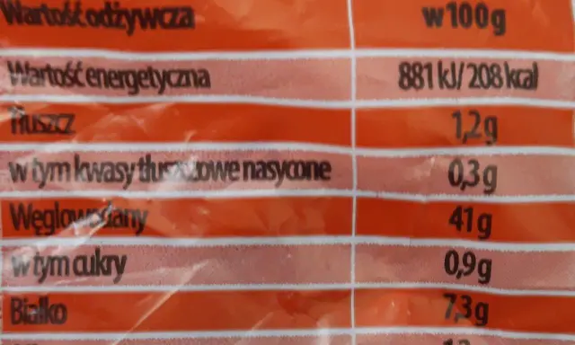 Tabela wartości odżywczych dla chleba baltonowskiego: 881 kJ/208 kcal, 1,2g tłuszczu, 41g węglowodanów, 7,3g białka.