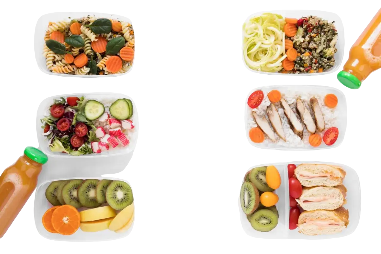 Zdrowe posiłki w pudełkach: makaron, sałatka, kurczak z ryżem, kanapki, owoce. Zastanawiasz się, ile kosztuje catering dietetyczny na miesiąc?