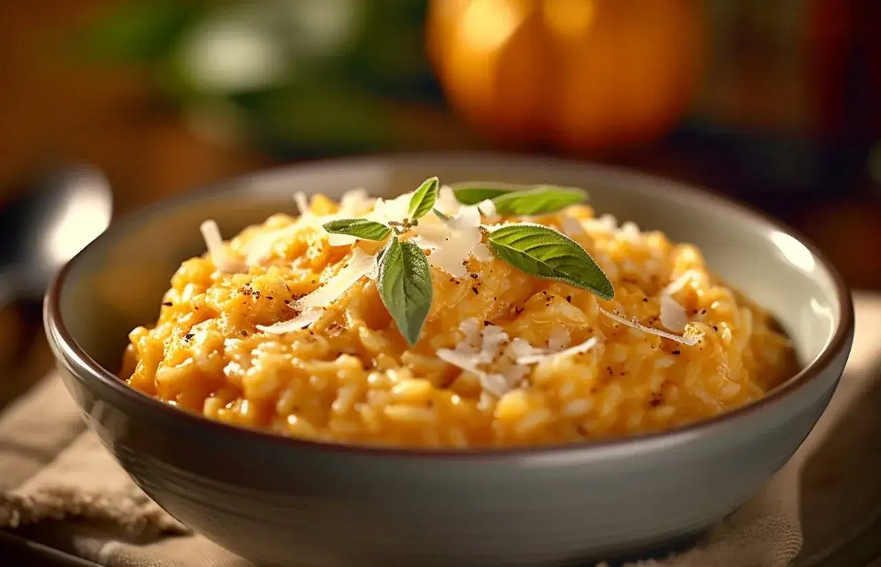Pyszne risotto z dyni, posypane parmezanem i udekorowane listkami bazylii. Idealne danie, gdy zastanawiasz się, co z dyni na obiad.