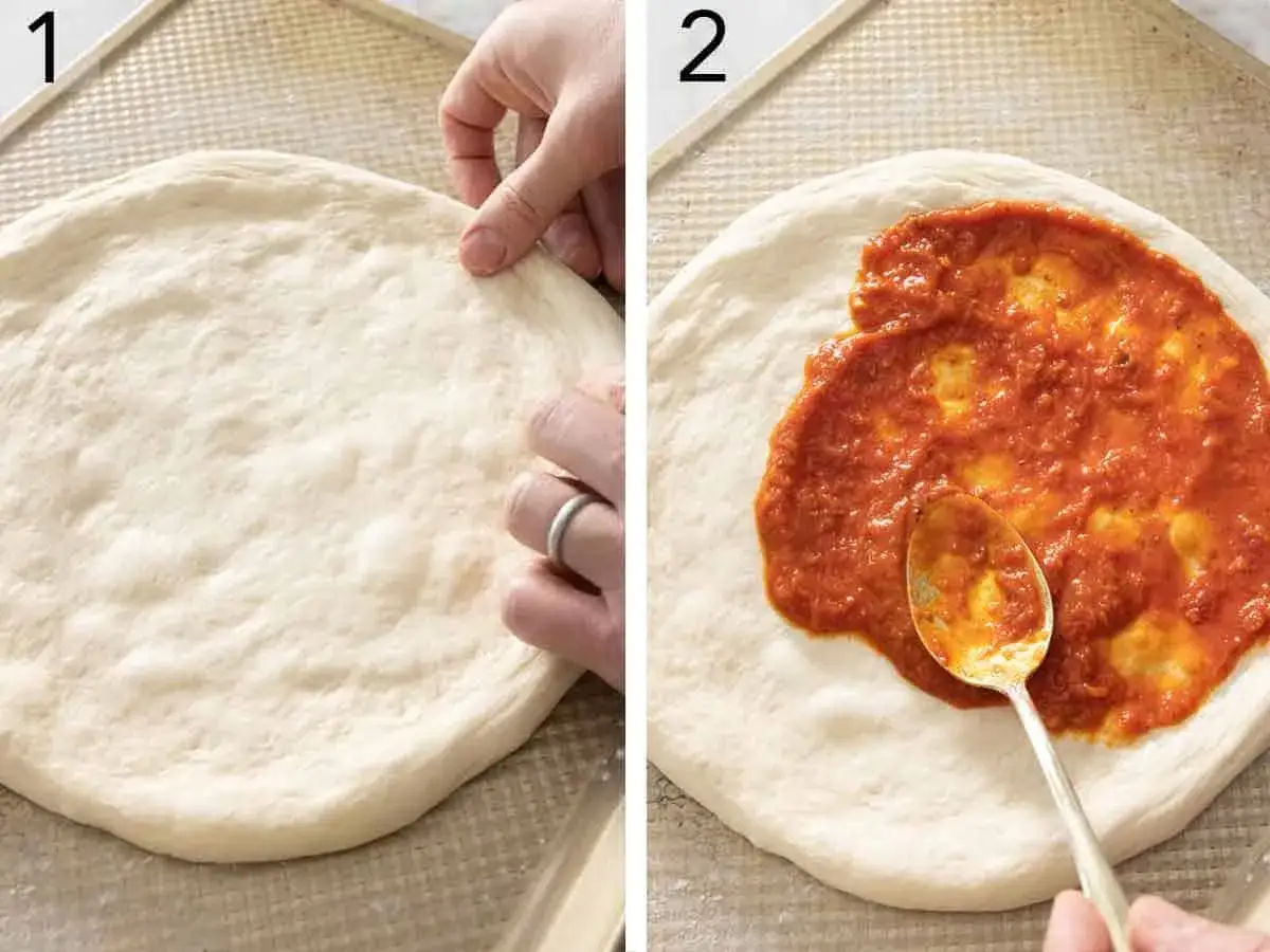 Ręce formują ciasto na pizzę, a następnie łyżka rozprowadza sos pomidorowy. To początek przygotowań pysznych składników na pizzę.