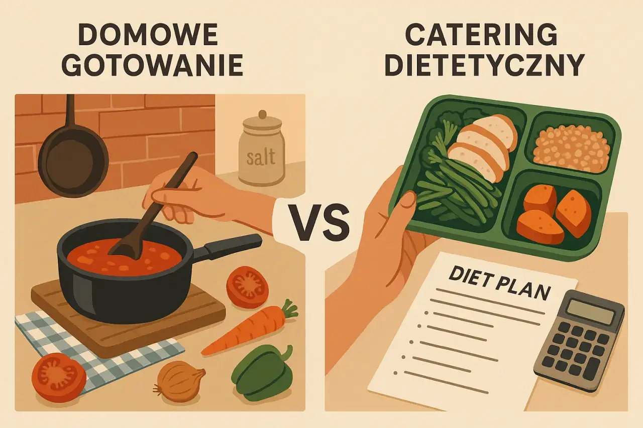 Domowe gotowanie kontra catering dietetyczny. Czy catering dietetyczny się opłaca? Obrazek por&oacute;wnuje przygotowywanie posiłk&oacute;w w domu z gotowym pudełkiem i planem diety.