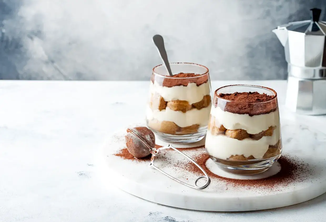 Dwa pucharki z kremowym tiramisu, posypane kakao. Idealne, by dowiedzieć się, jak zrobić tiramisu.