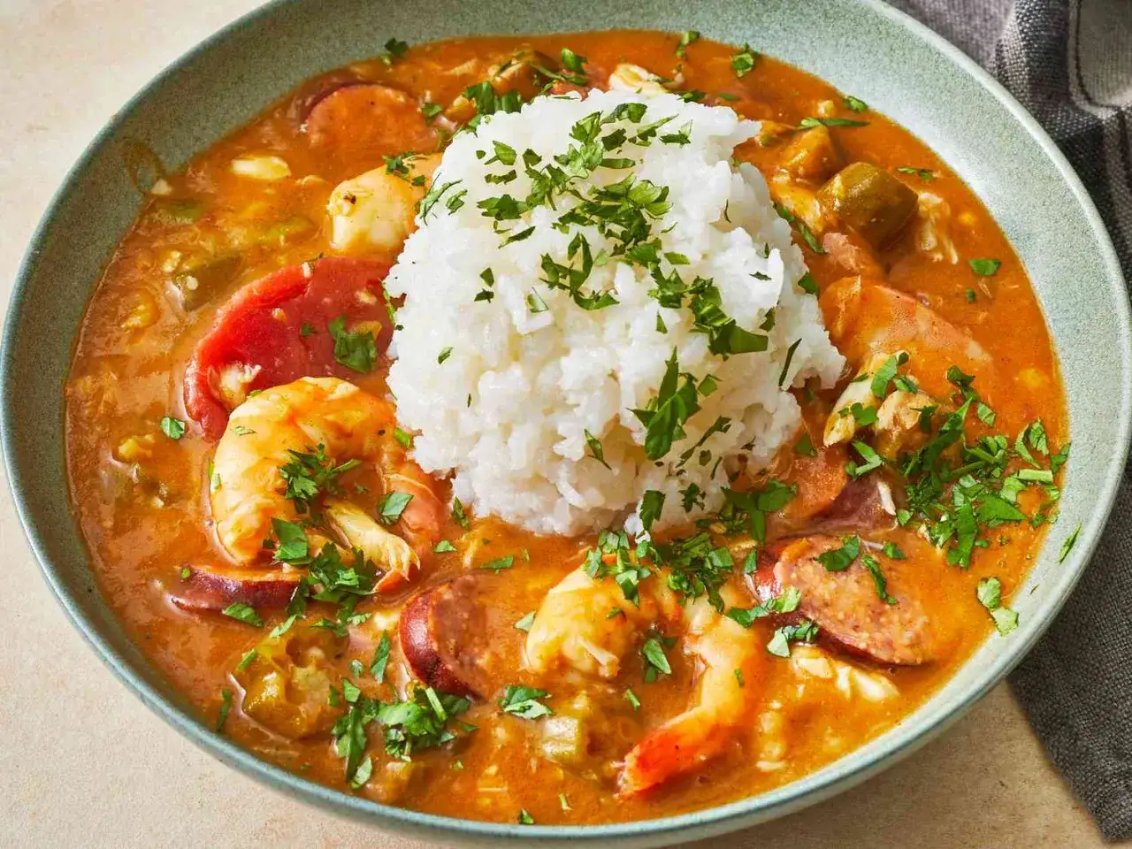 Gęste, aromatyczne gumbo z krewetkami, kiełbasą i ryżem, posypane świeżą pietruszką.