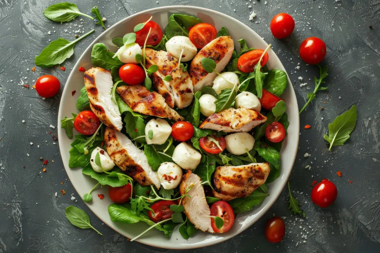 Sałatka z grillowanym kurczakiem, pomidorkami i mozzarellą – idealne co na obiad latem.