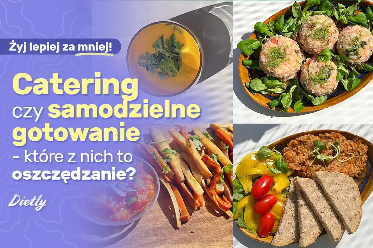 Czy catering się opłaca? Kolorowe dania: zupa, kulki ryżowe, frytki i sałatka z chlebem. Por&oacute;wnanie gotowania i cateringu.