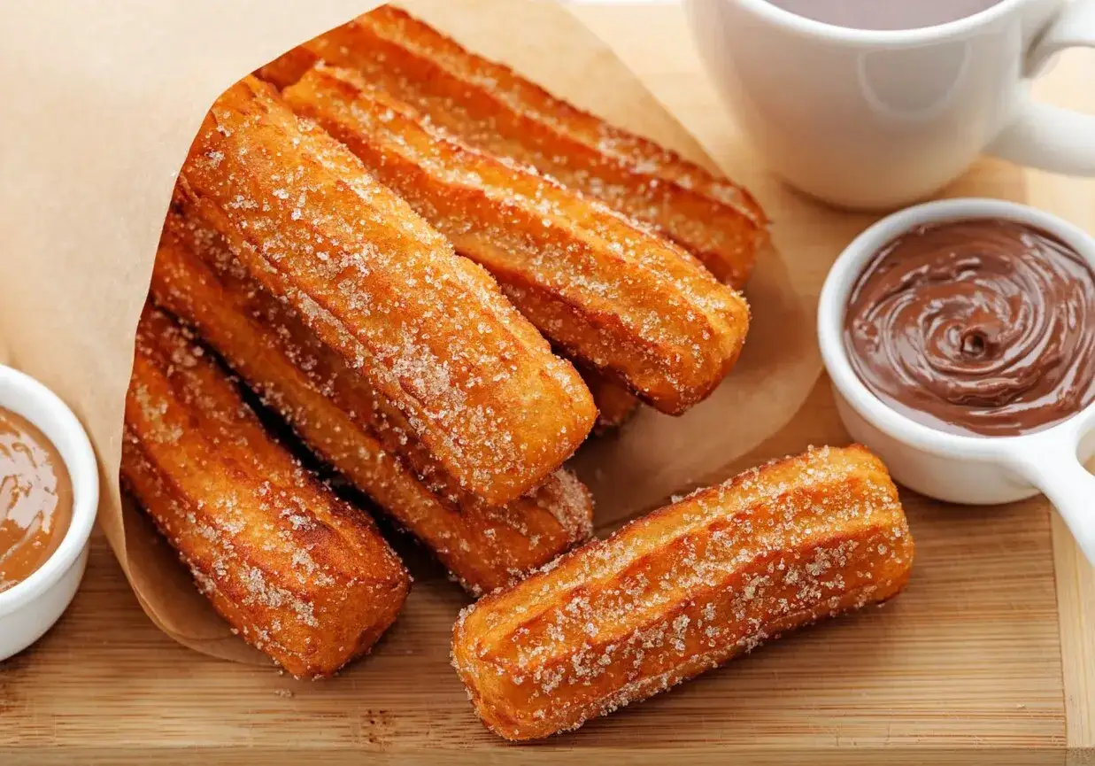 Churros co to? Złociste, posypane cukrem paluszki z ciasta smażonego na głębokim tłuszczu, idealne do maczania w czekoladzie.