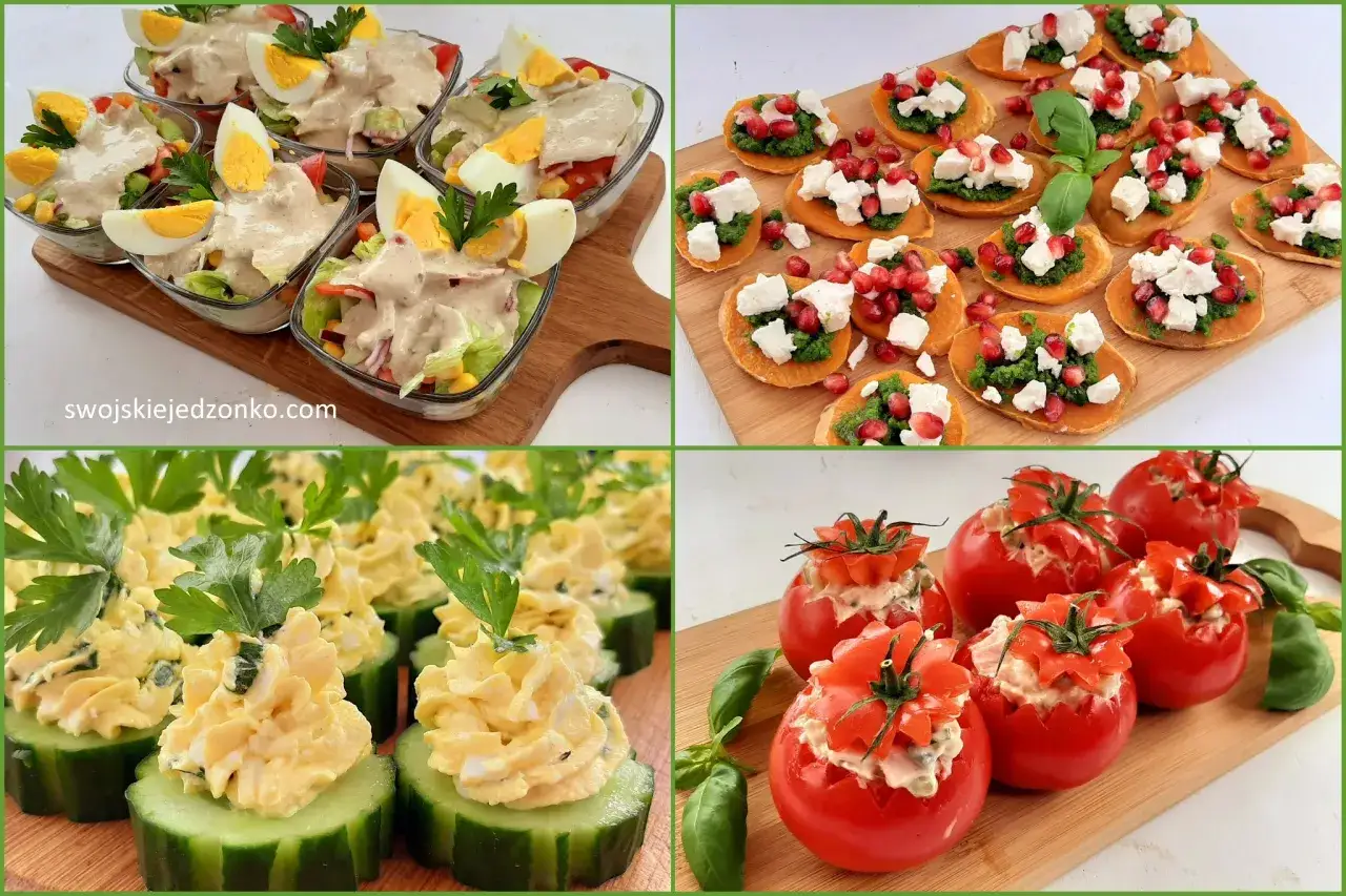 Kolorowe finger food: sałatki w szklankach, słodkie ziemniaki z fetą i granatem, ogórki z pastą jajeczną, pomidorki faszerowane.
