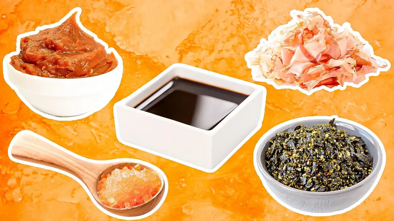 Składniki budujące smak umami: pasta miso, sos sojowy, płatki bonito, sól morska i przyprawa nori.