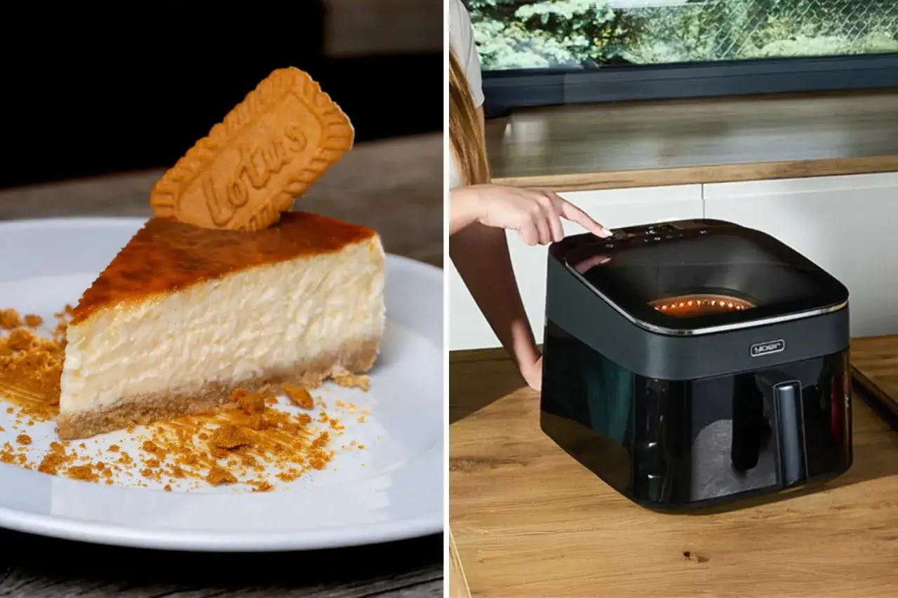 Pyszny sernik z airfryer, udekorowany ciastkiem Lotus, czeka na spróbowanie. Obok nowoczesny sprzęt kuchenny.