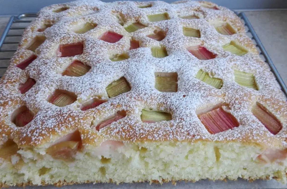 Szybkie ciasto jogurtowe z rabarbarem, posypane cukrem pudrem, z widocznymi kawałkami rabarbaru w kratkę.